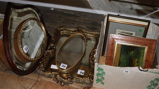 Qty of prints , shield shaped mirror & 3 gilt mirrors